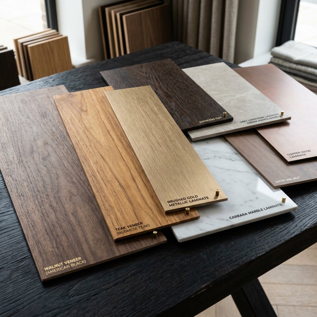 Overlapping designer laminates and veneers in our Erode showroom.